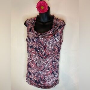 Dana Buchman~Fitted Draped Neck Top~Navy, Pink & White~Ruched Sides~Size S